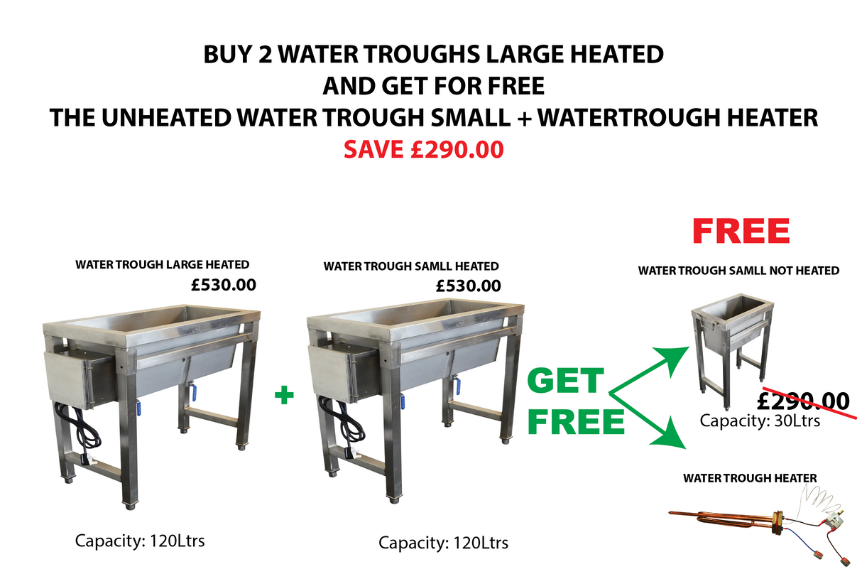 BUY 2 WATER TROUGHS LARGE HEATED AND GET FOR FREE THE UNHEATED WATER TROUGH SMALL + WATER TROUGH HEATER
